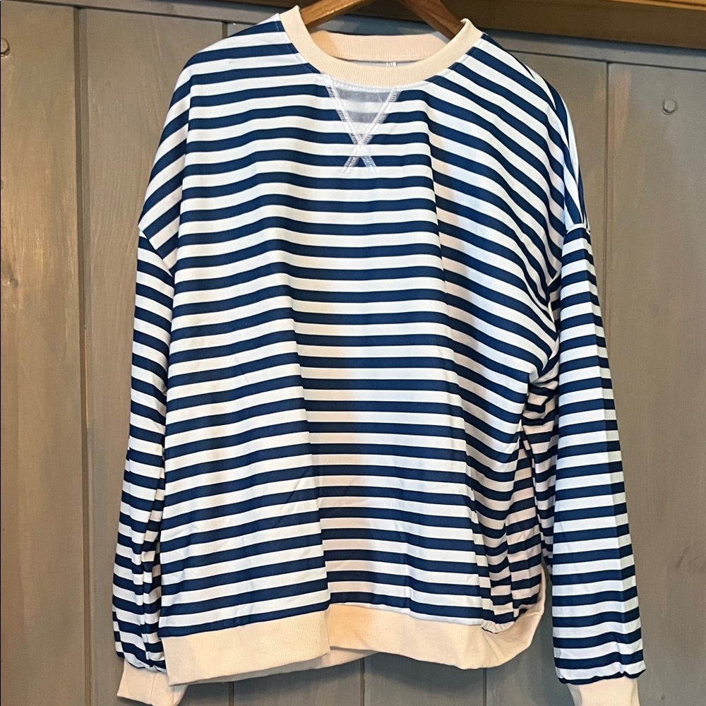 Striped Navy and White Pullover Sweatshirt fits like an oversized XL